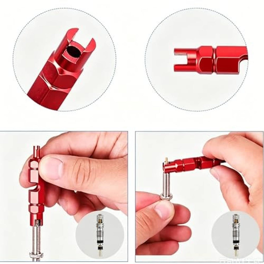 Red valve core removal tool showing core tip and hand installation
