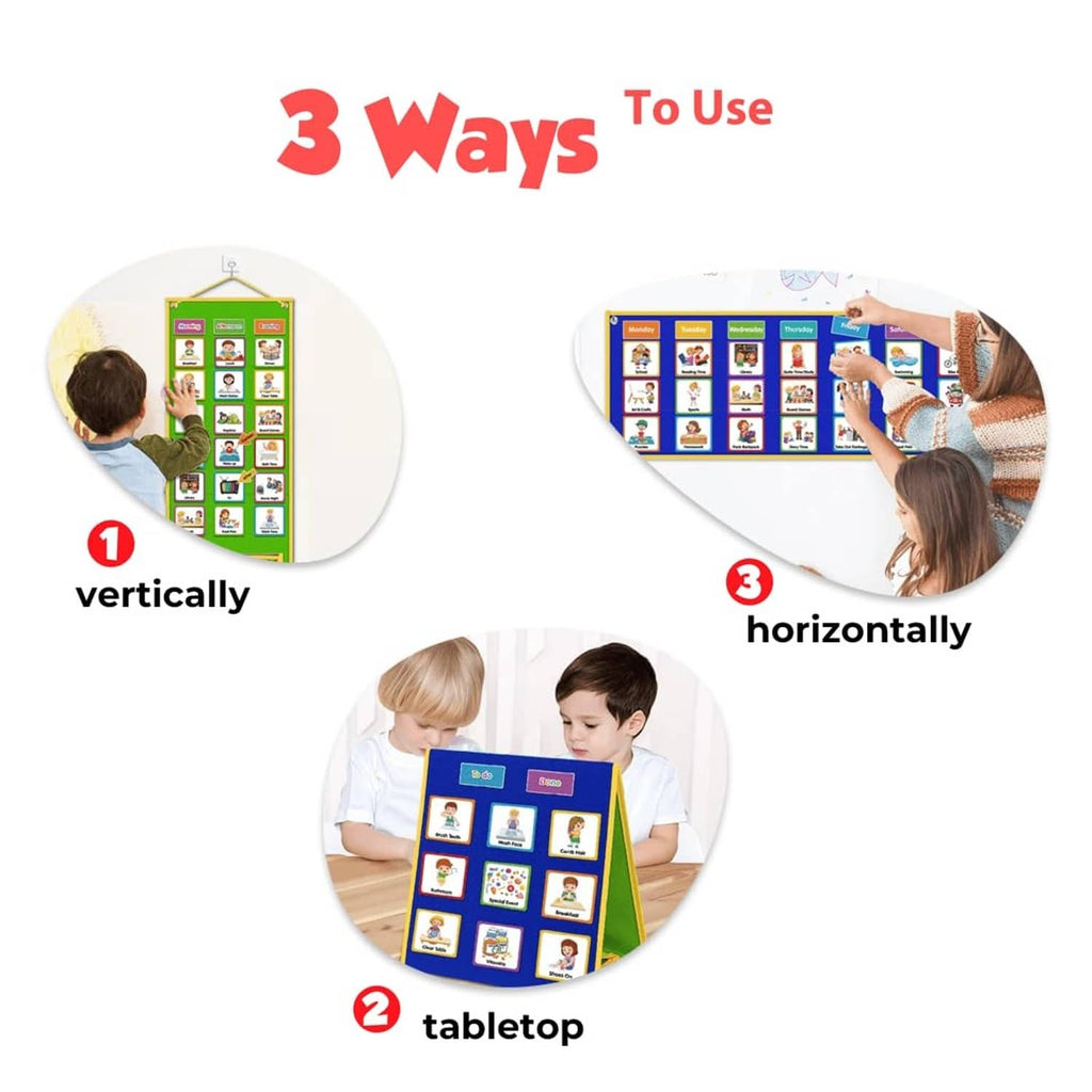 Kids chore visual schedule board shown in vertical, horizontal, and tabletop uses
