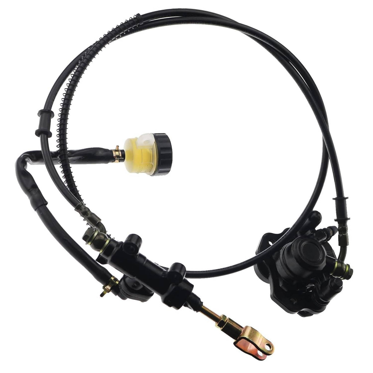 Rear hydraulic brake caliper assembly with hoses and black reservoir, mounting plate