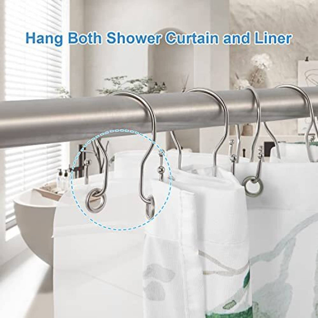 Double shower curtain hooks sliding on a metal rod, silver finish with loop ends