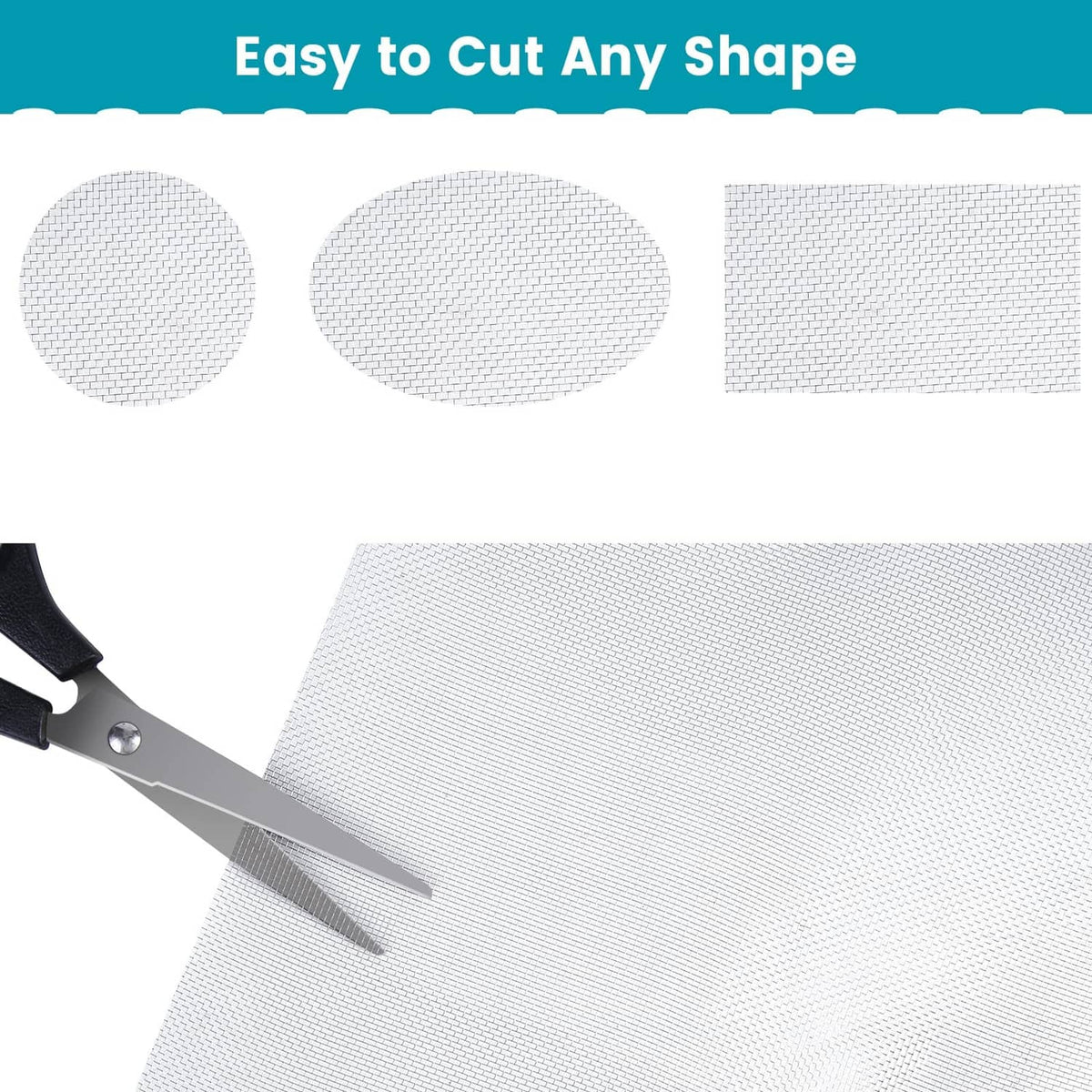 Stainless steel wire mesh screen sheet being cut with scissors