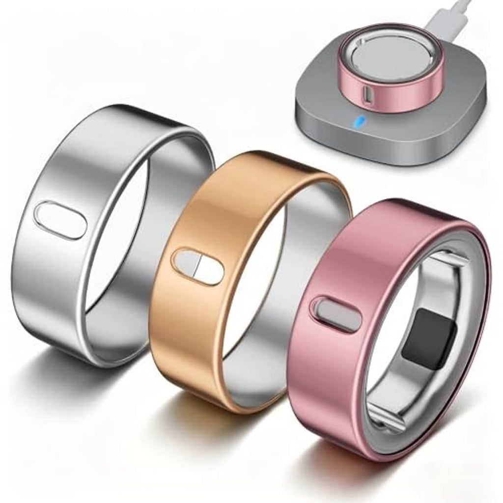 3-pack TPU ring covers in silver, rose gold, and pink, showing rectangular sensor cutouts