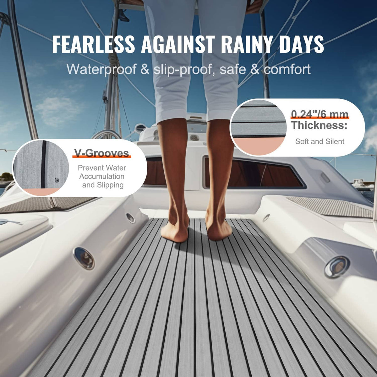 Marine yacht deck flooring with dark gray ribbed EVA mat and rolled edge trim