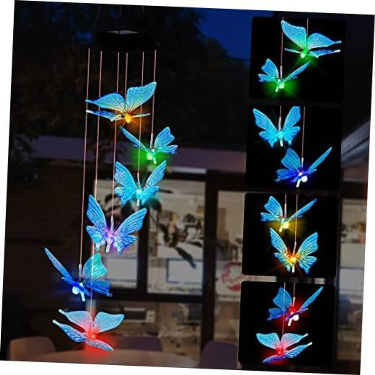 Outdoor solar LED butterfly wind chime with multicolor glowing butterflies on thin rods