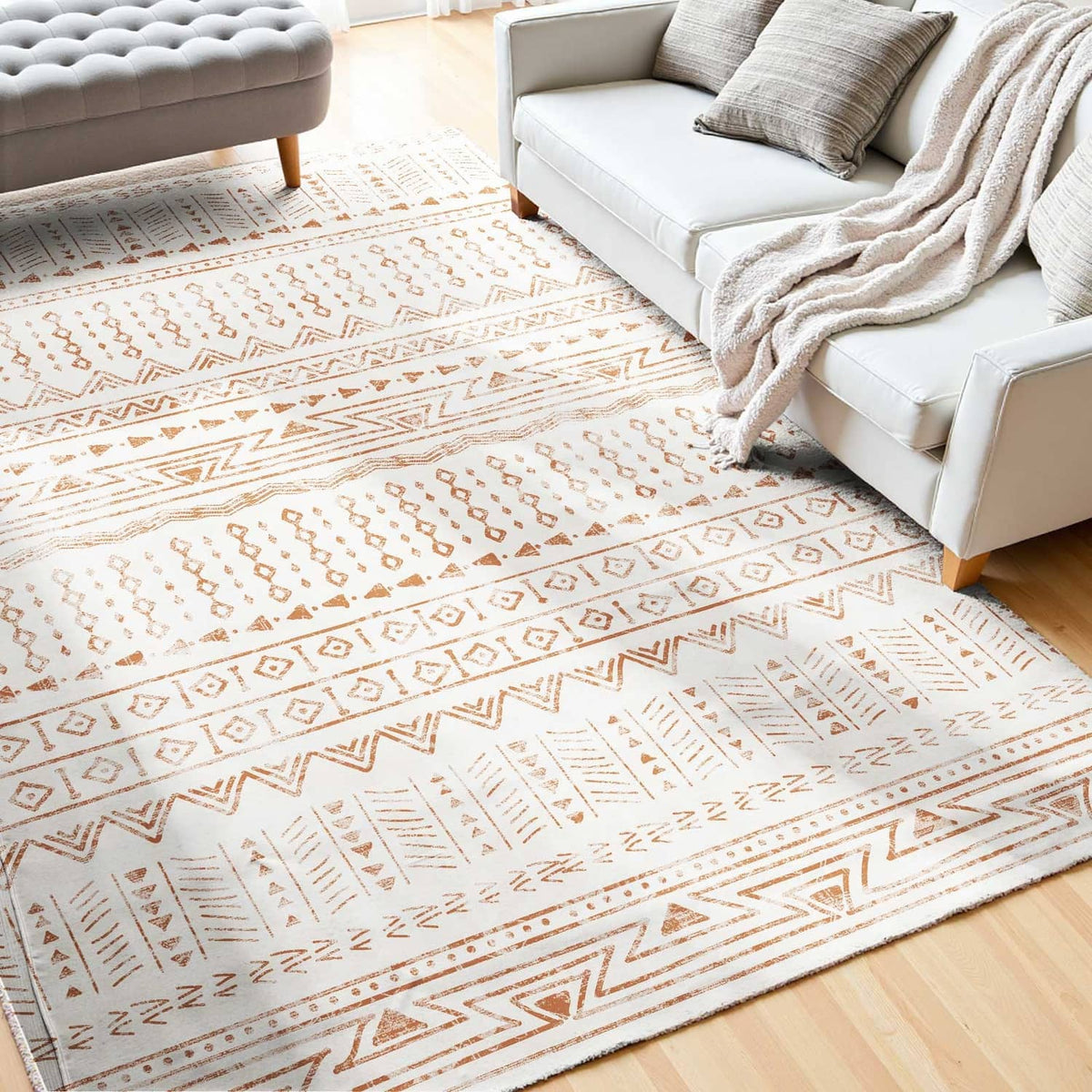Beige area rug with repeating geometric lines and borders on the floor