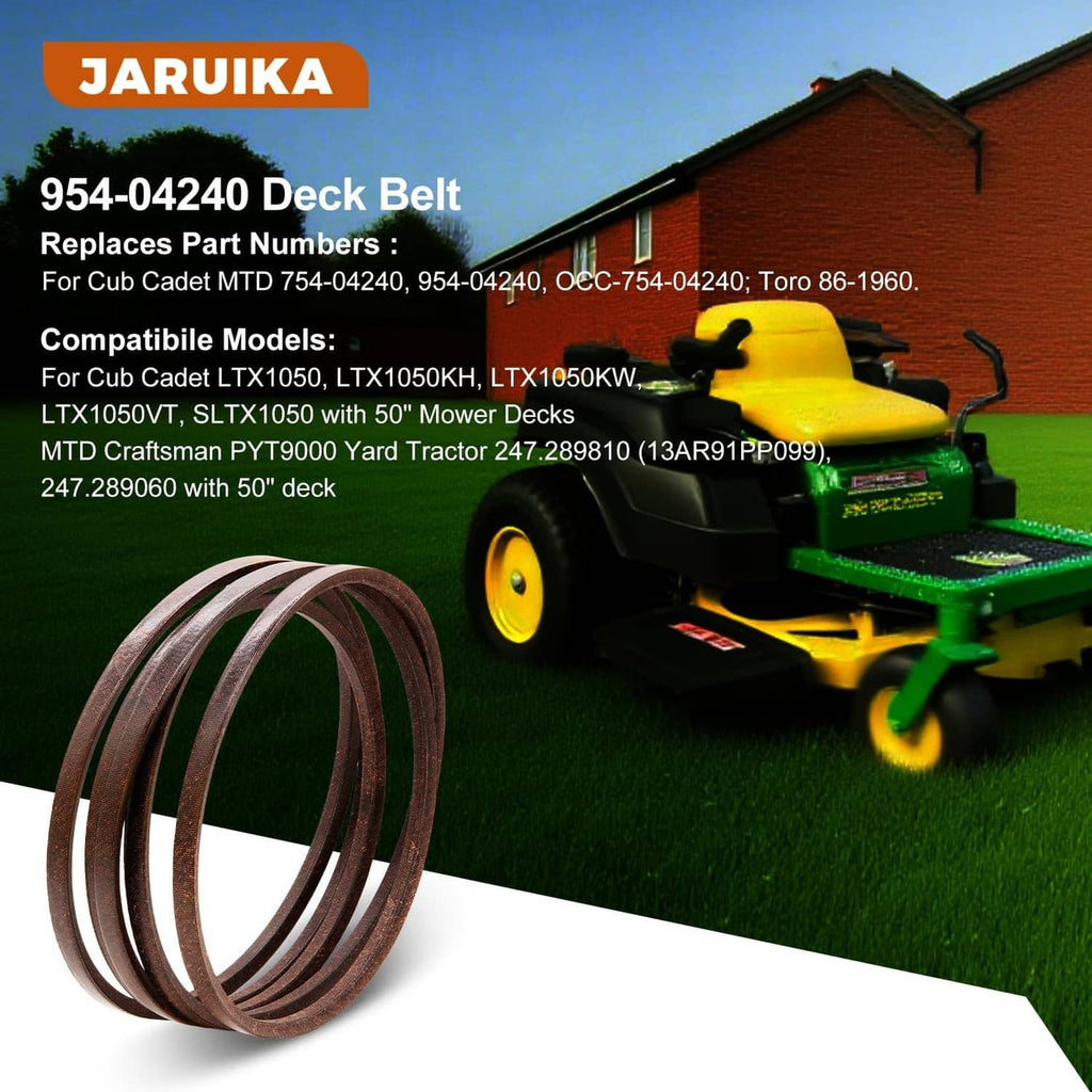 Brown deck drive belt replacement coiled bundle with riding mower in background