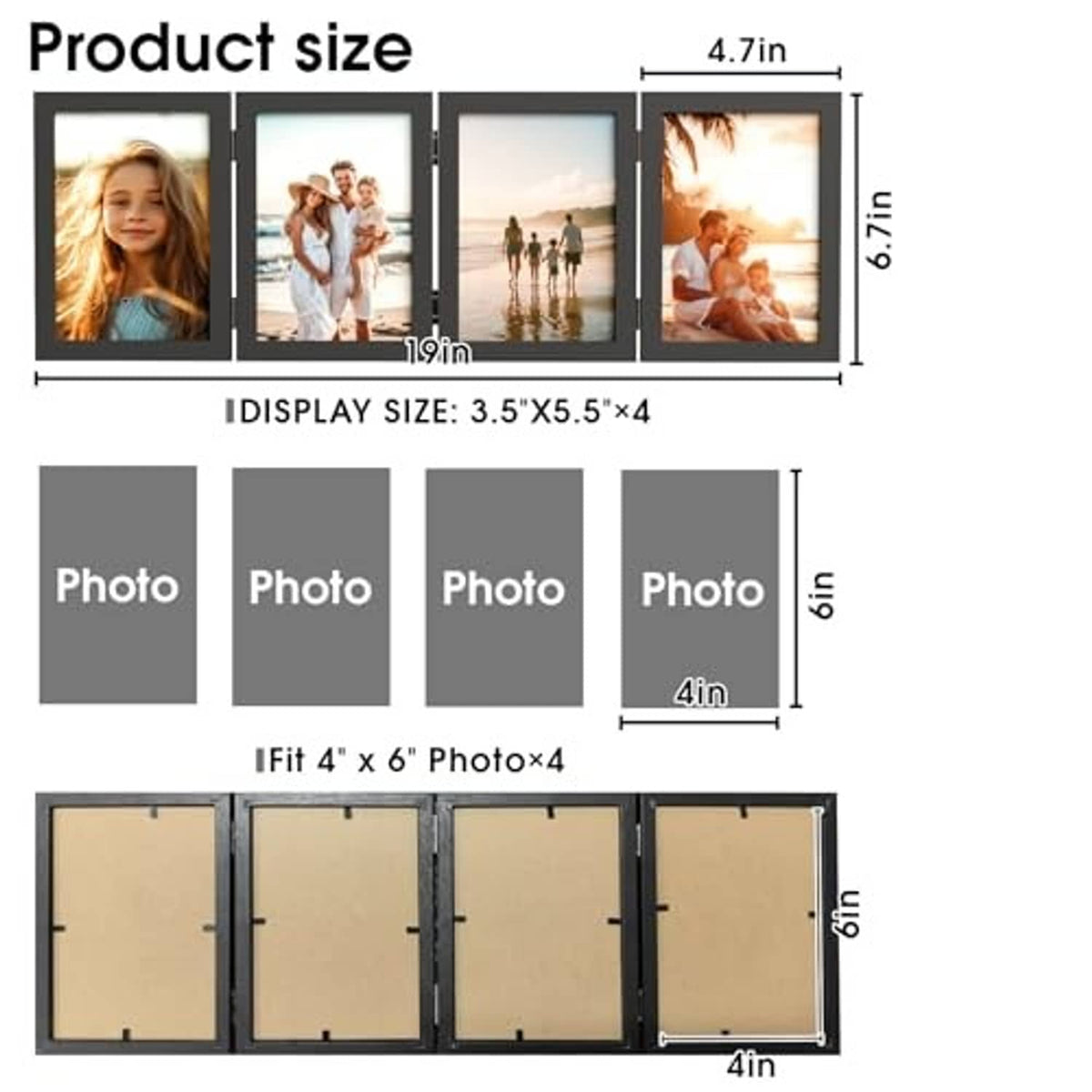Black 4-photo folding picture frame with hinged panels and four 4x6 photo slots