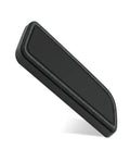 Black seat adjustment button trim panel with curved, beveled border.
