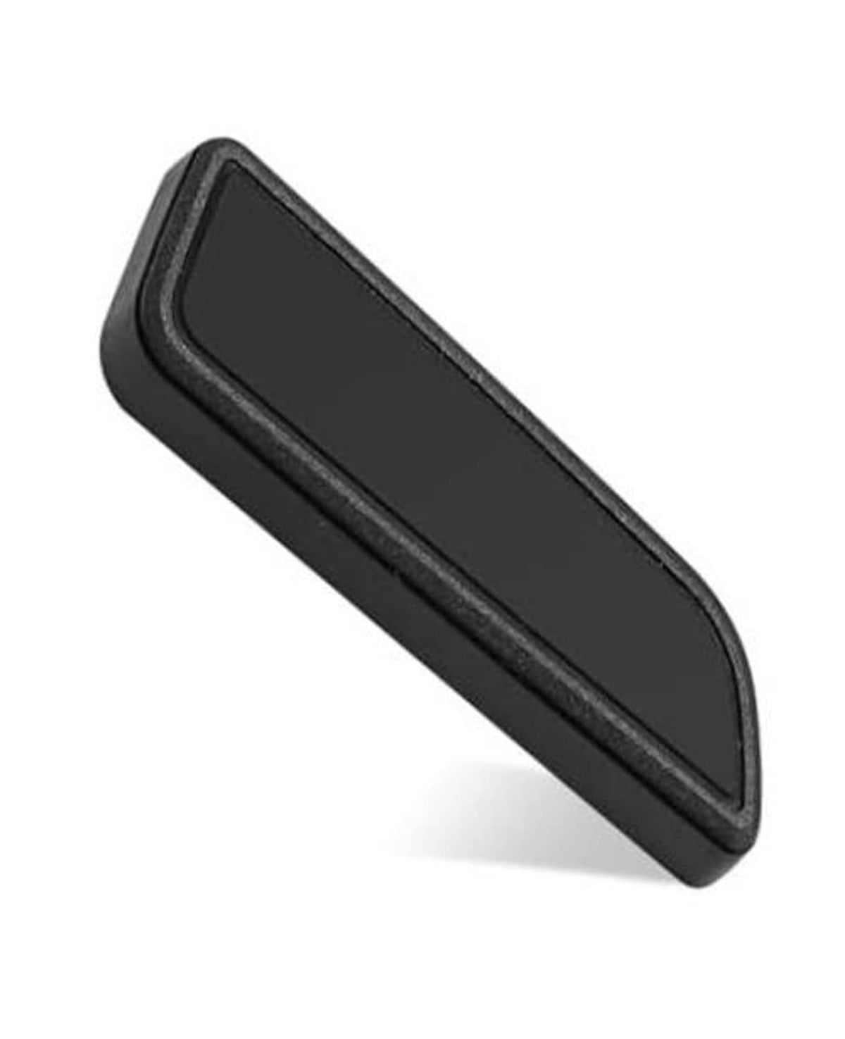 Black seat adjustment button trim panel with curved, beveled border.