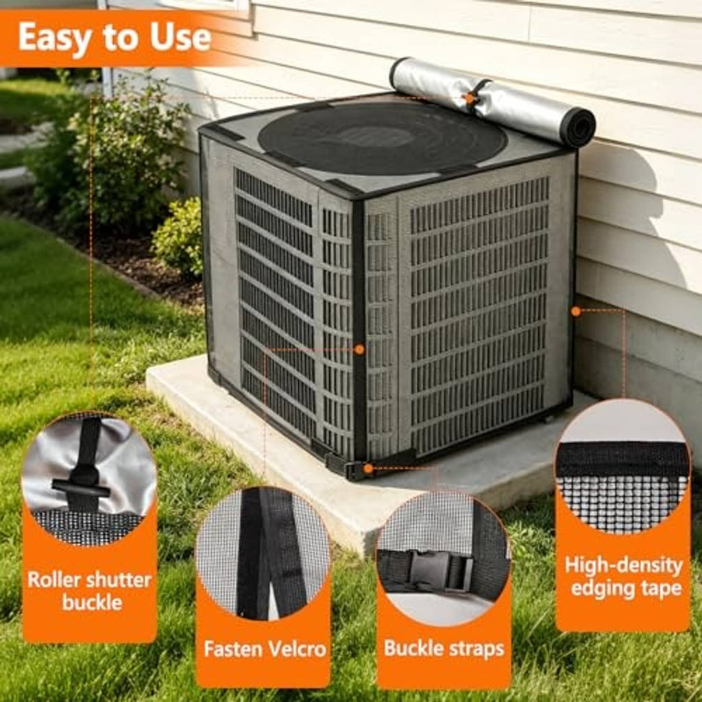 Mesh air conditioner cover with roller buckle, velcro fastens, and edge tape details