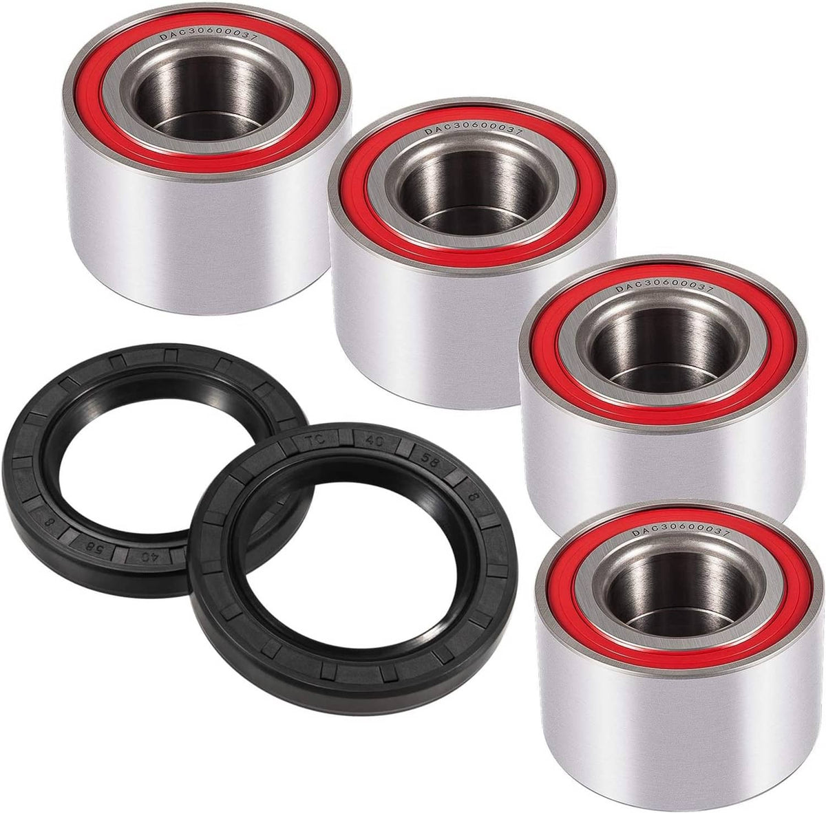 Assorted wheel bearings with red seals and silver housings with black seal rings
