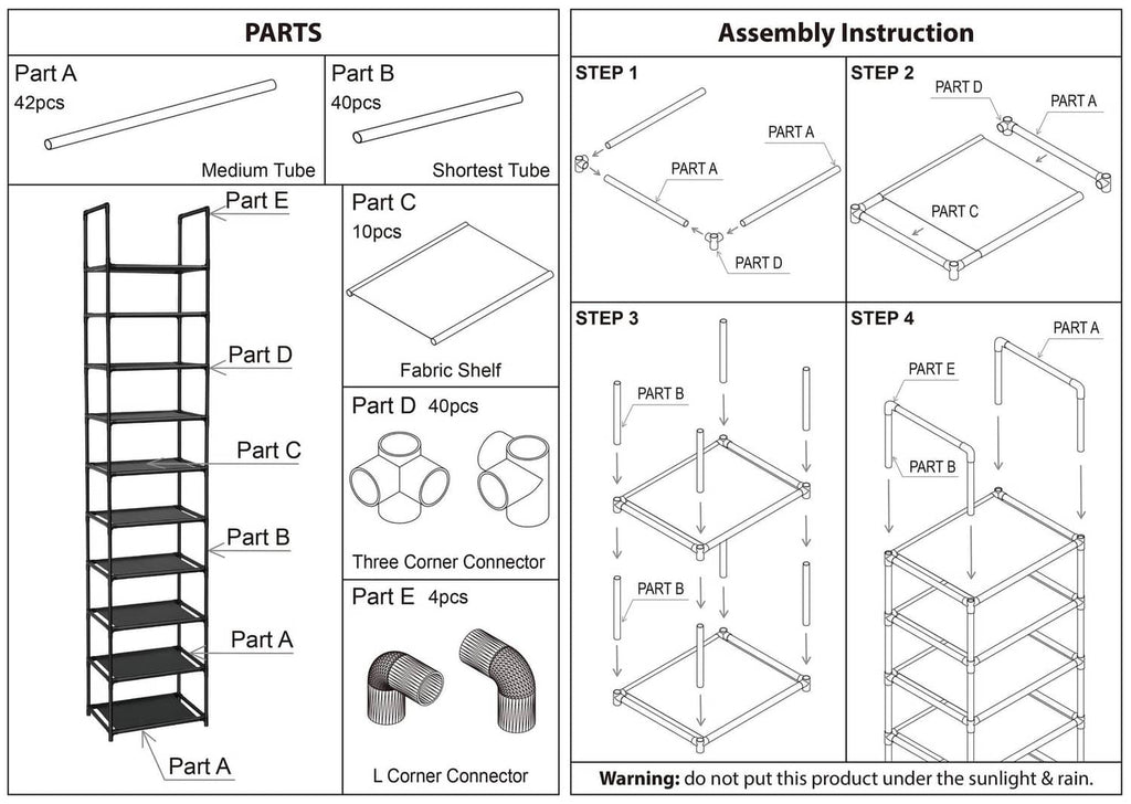 Shoe rack parts and assembly instruction diagram with labeled connectors and shelves