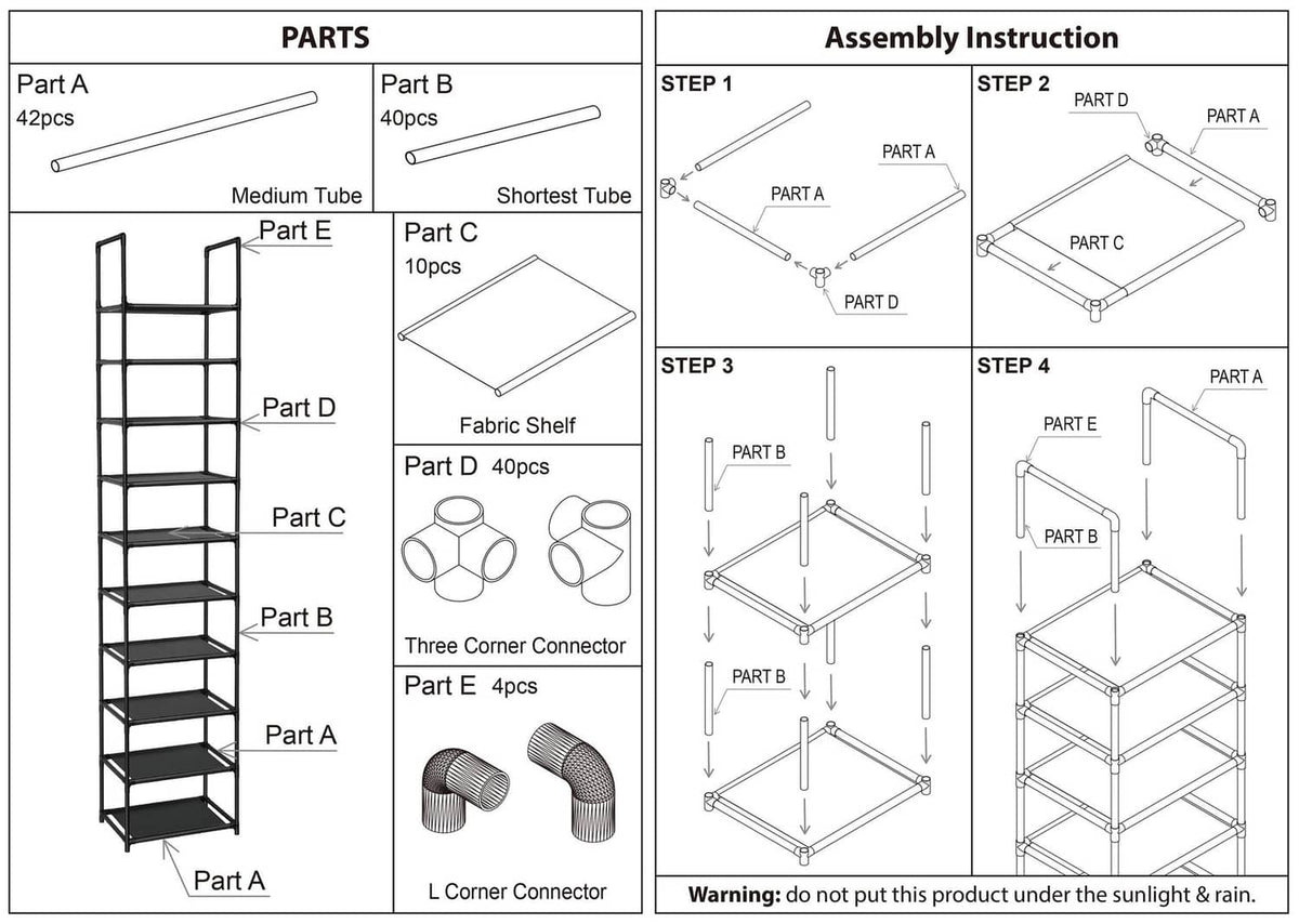 Shoe rack parts and assembly instruction diagram with labeled connectors and shelves