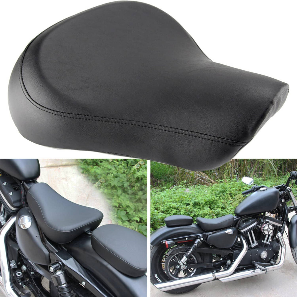 Black contoured solo motorcycle seat with double-row stitching and mounting hardware