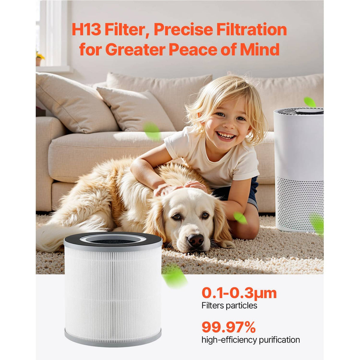 Compact H13 HEPA replacement filter cylinder with dark top and white pleated sides