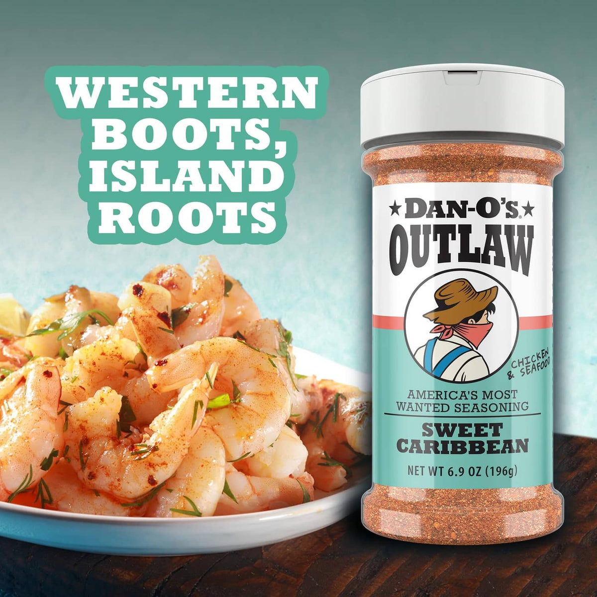Dan-O's Outlaw Sweet Caribbean seasoning bottle beside a bowl of shrimp