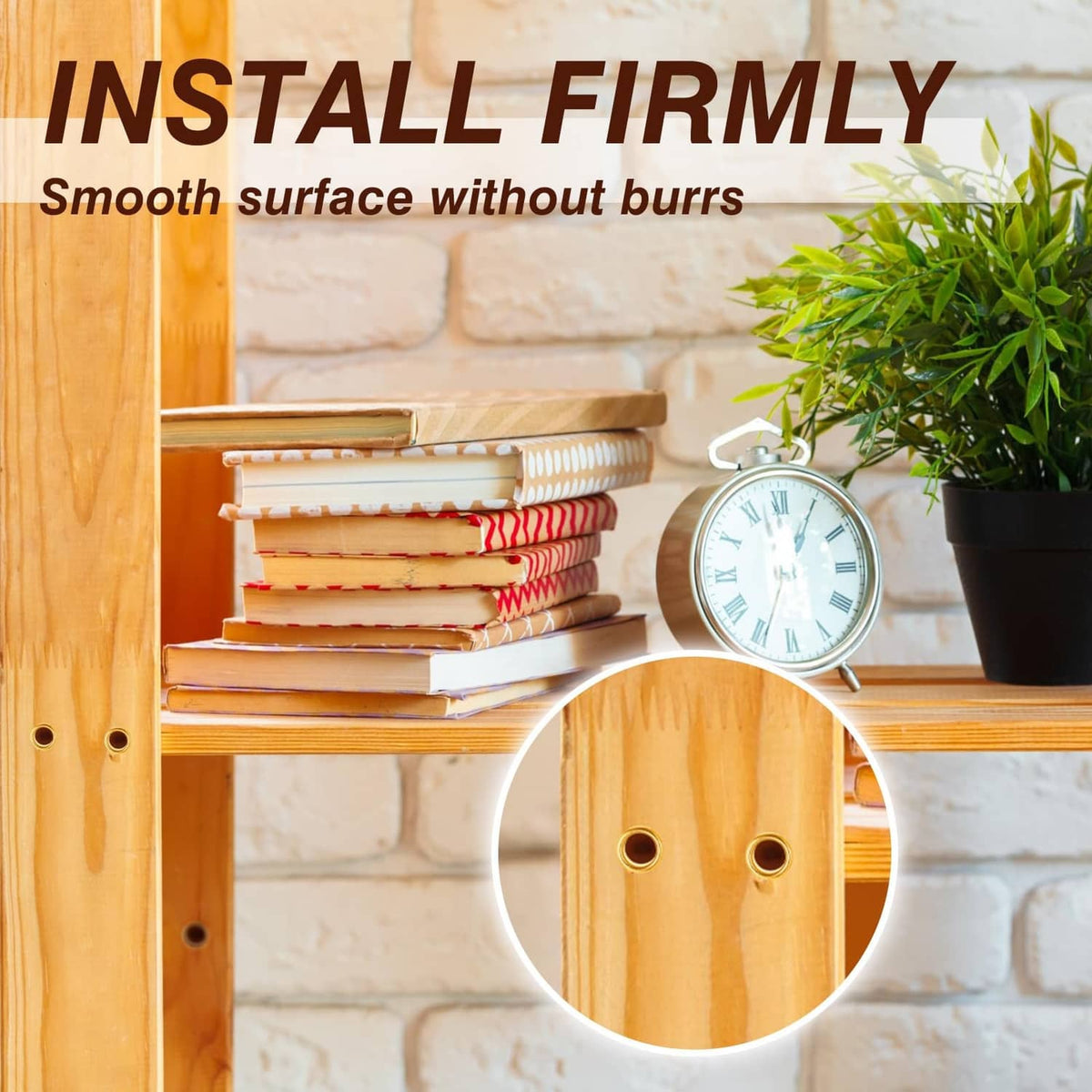 Brass shelf pin sleeves fitted into circular holes on a cabinet shelf backing