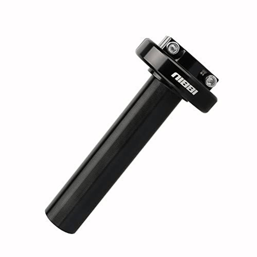 Motorcycle throttle grip assembly, black grip with silver bolts on control housing