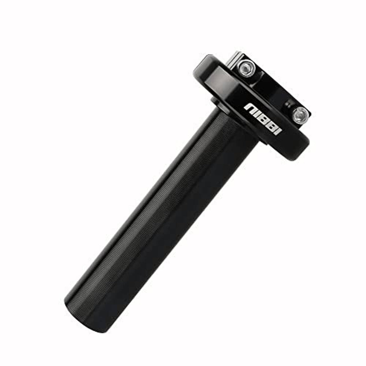 Motorcycle throttle grip assembly, black grip with silver bolts on control housing