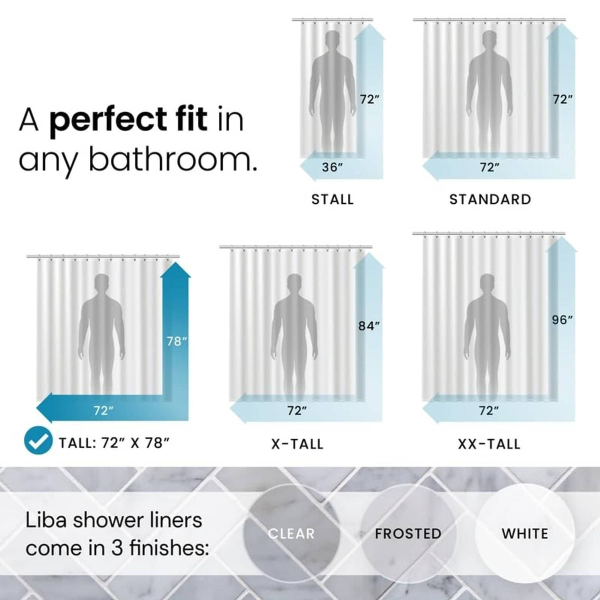 Frosted shower curtain liner with hanging hooks and size guidance diagrams