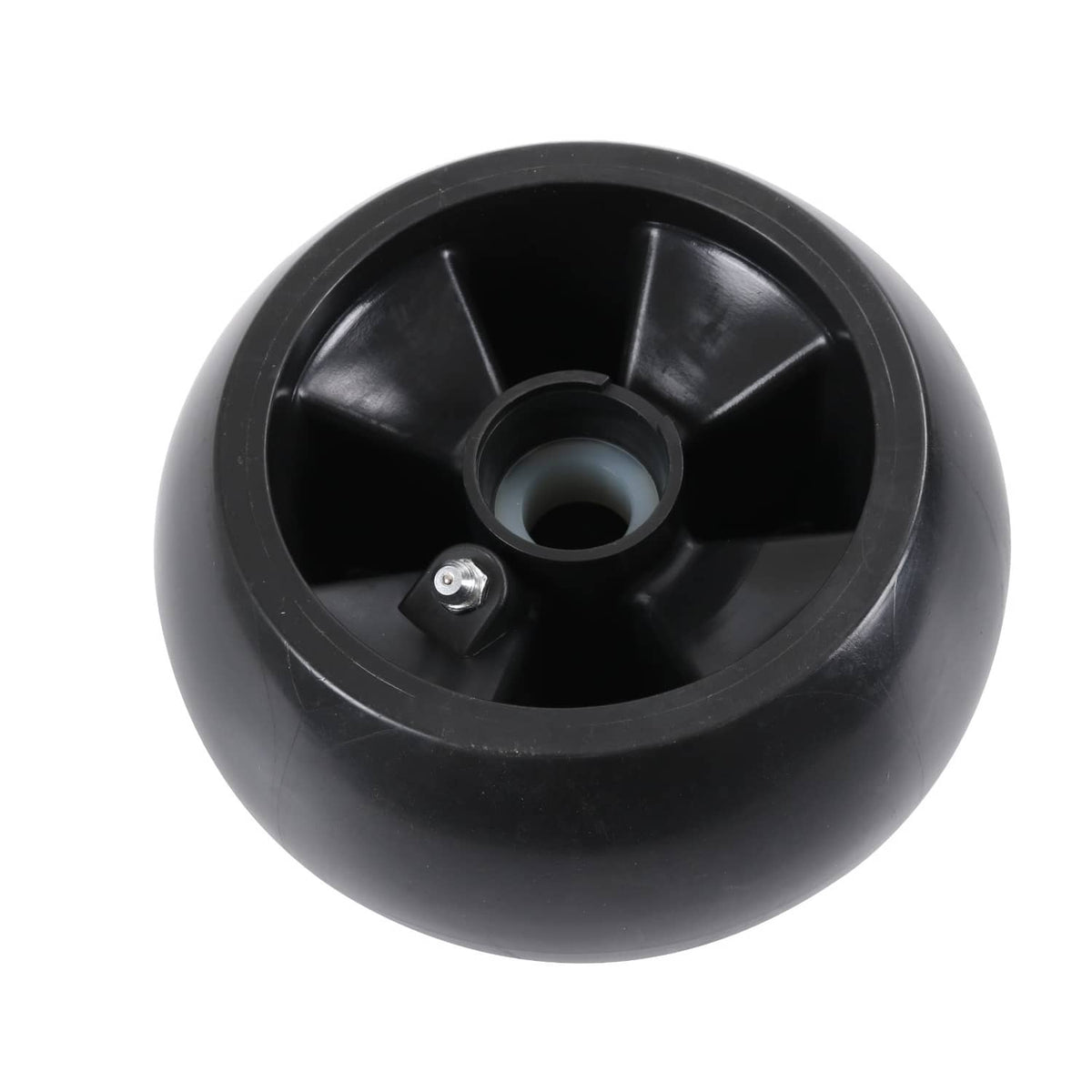 Single black deck mower wheel with spoke rim and center bearing bolt