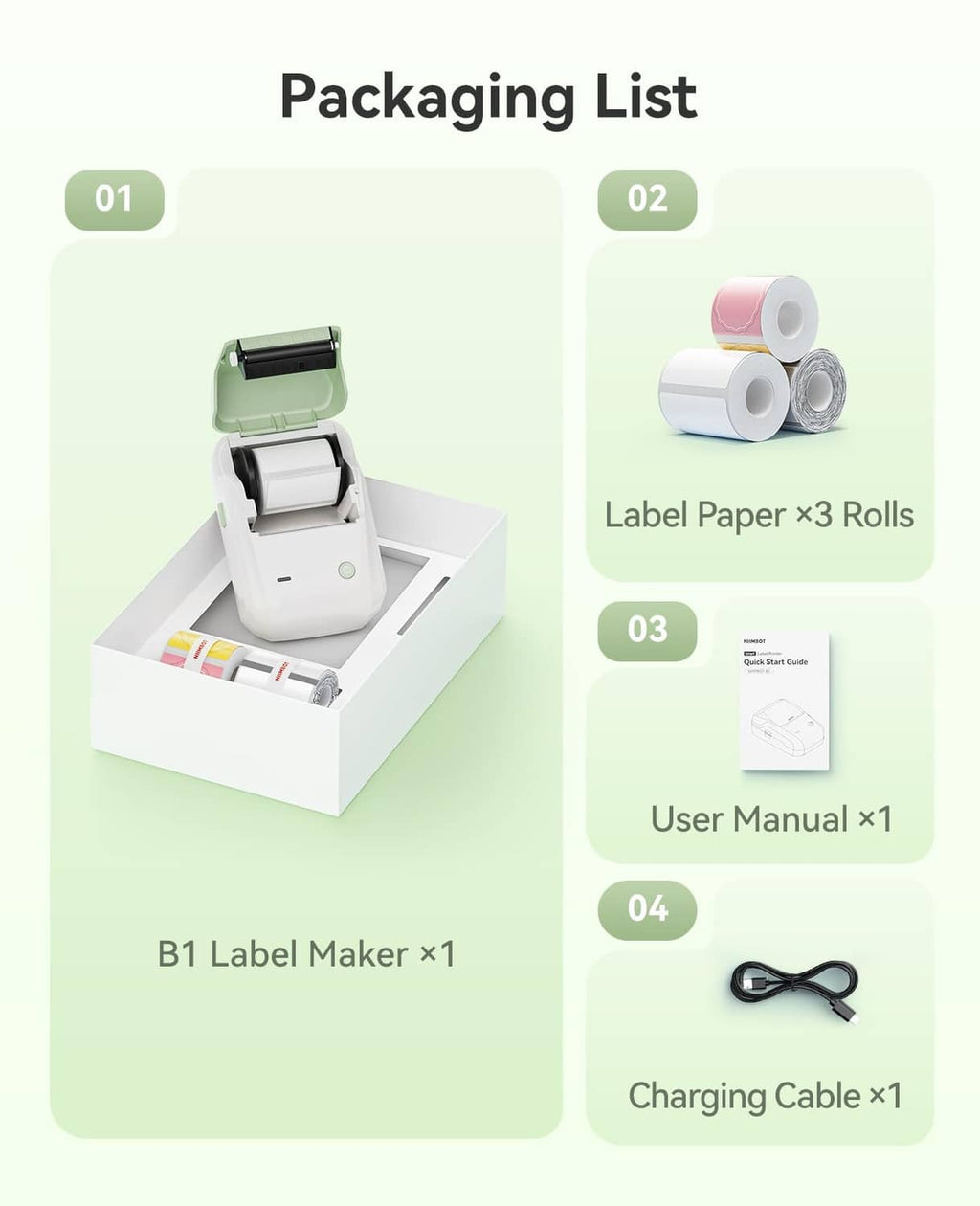 Label maker package contents: label printer, three label paper rolls, manual, charging cable