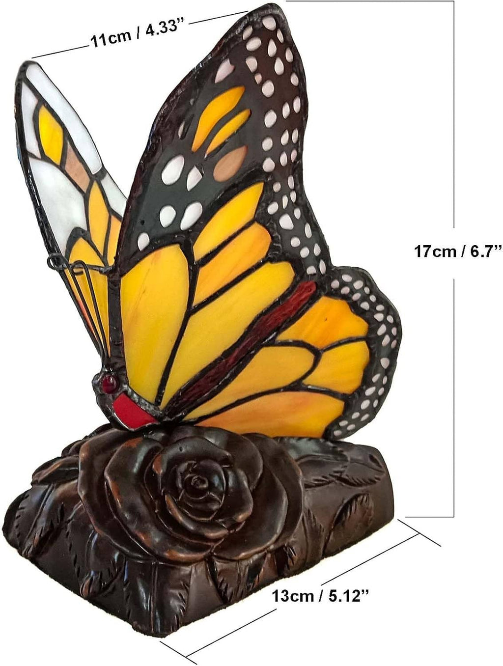 Monarch butterfly accent table lamp dimensions shown on stained-glass butterfly base