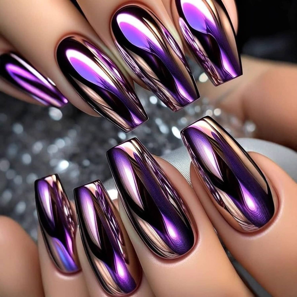 Purple iridescent metallic mirror press-on nails with medium square shapes