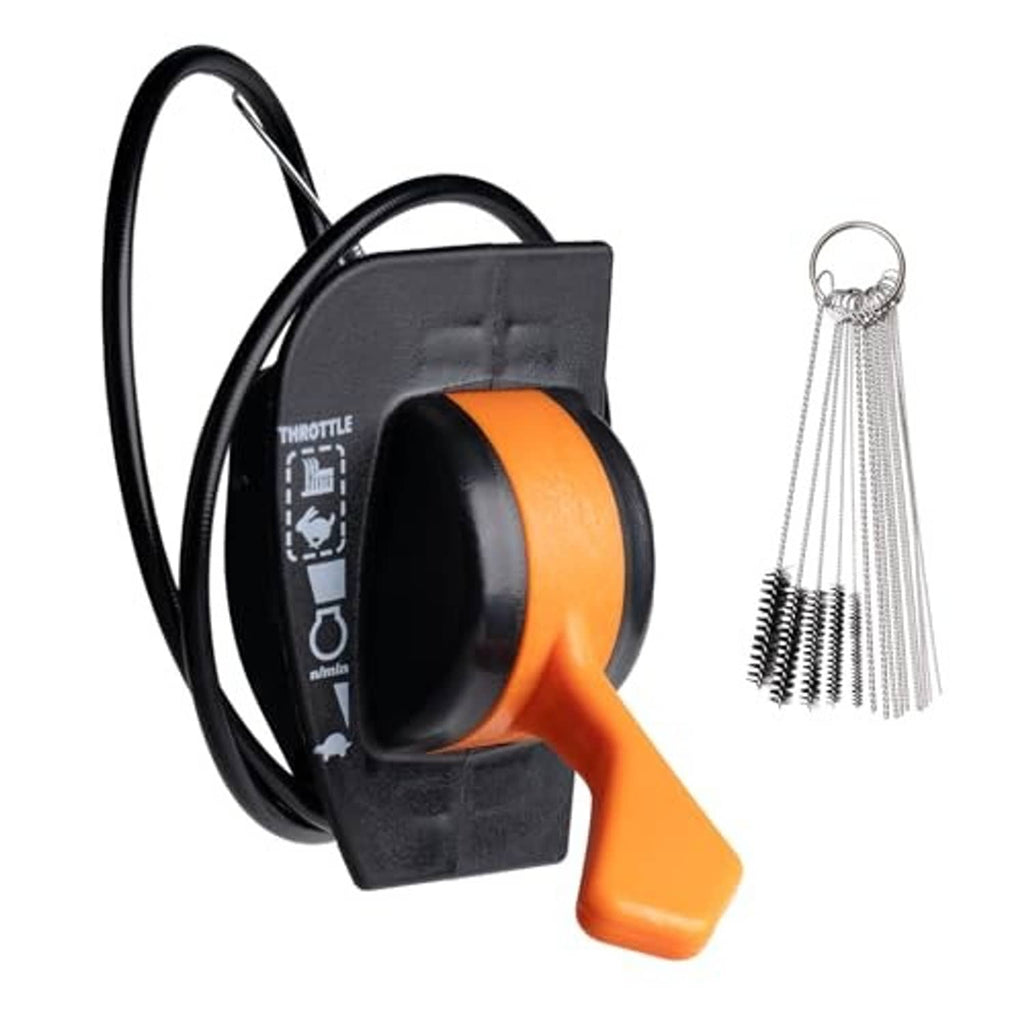 Throttle control cable with black housing, orange throttle lever, and wire probe bundle