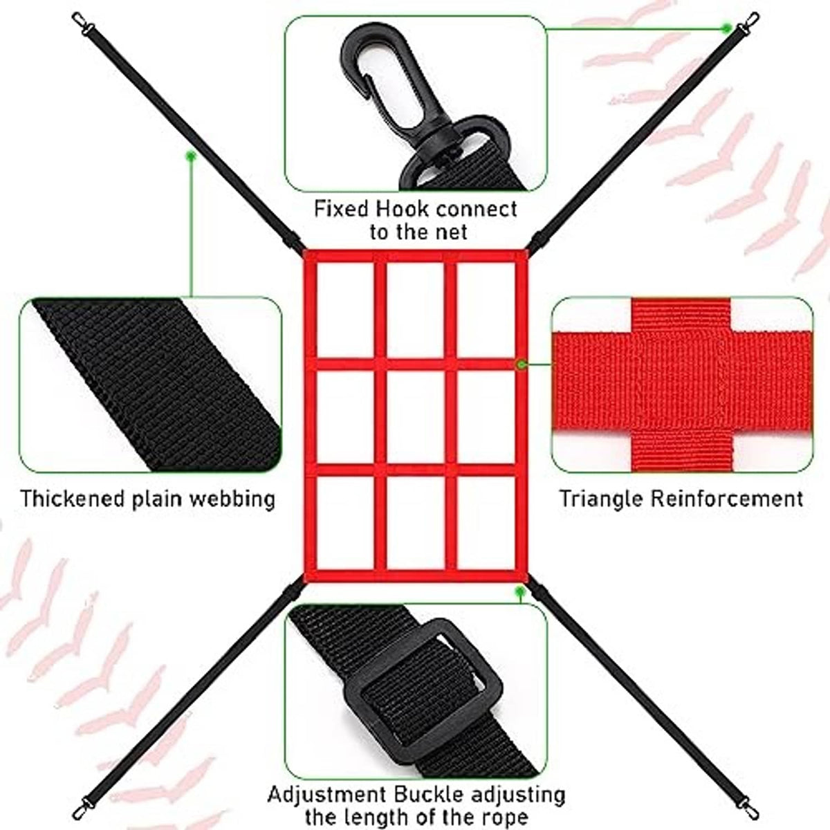 Adjustable baseball pitching target showing reinforced seams and hook attachment