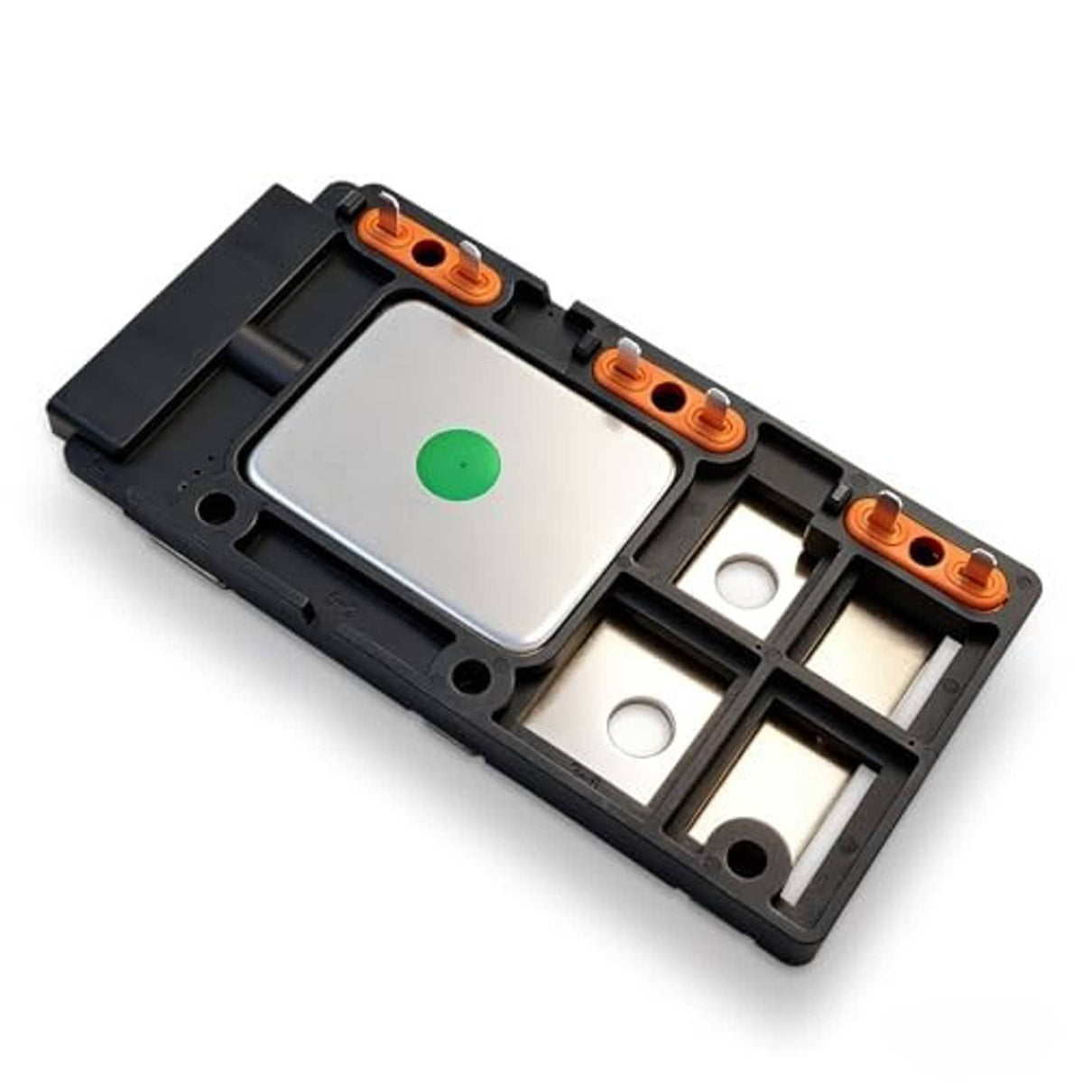 Engine ignition control module in black frame with silver cover and orange terminal blocks