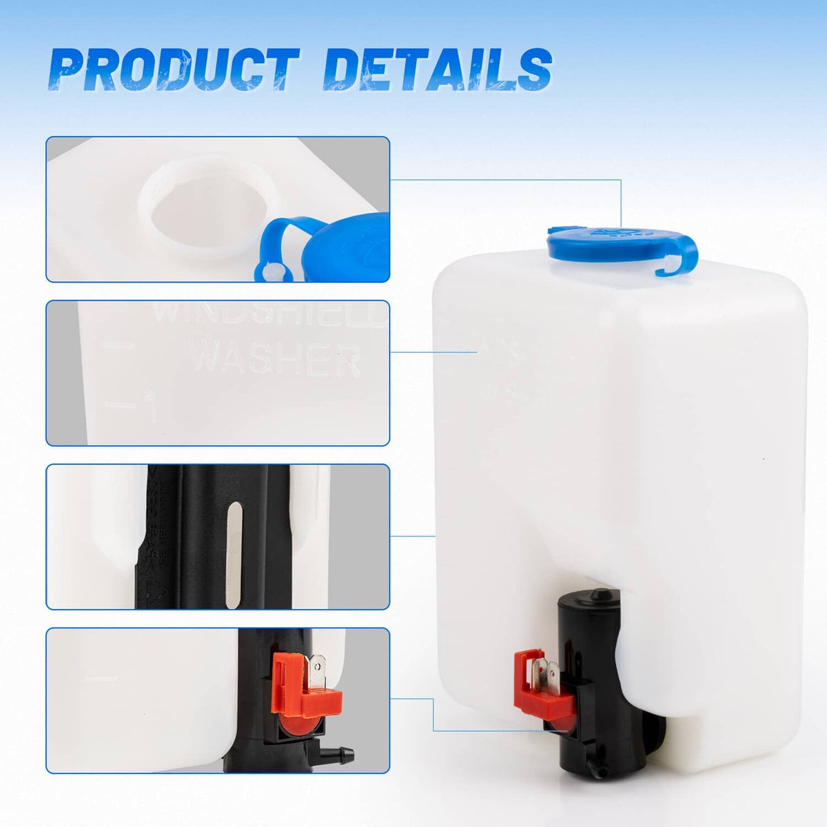 White washer reservoir tank with blue cap and black pump bracket detail