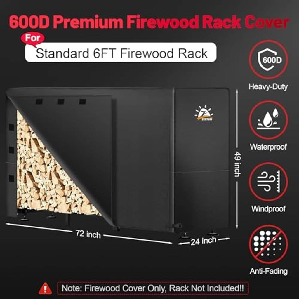 Black 6 ft firewood rack cover with heavy-duty waterproof, windproof styling