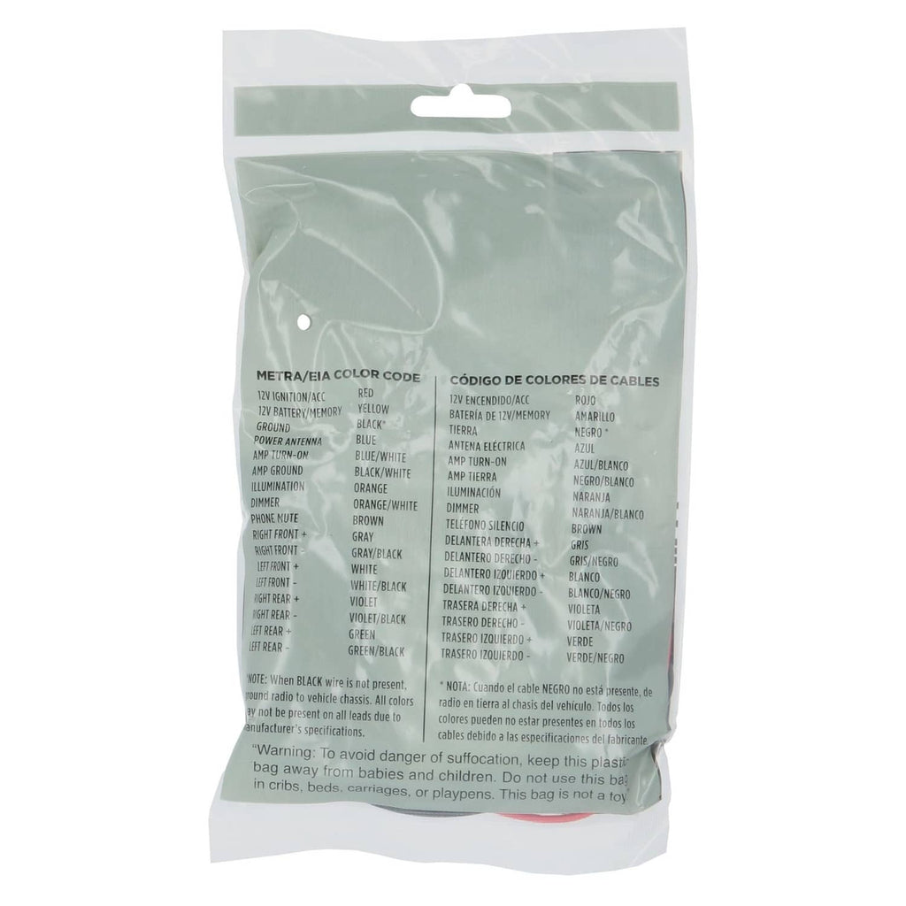 Metra wiring harness kit bag back with color-code table and warning icons