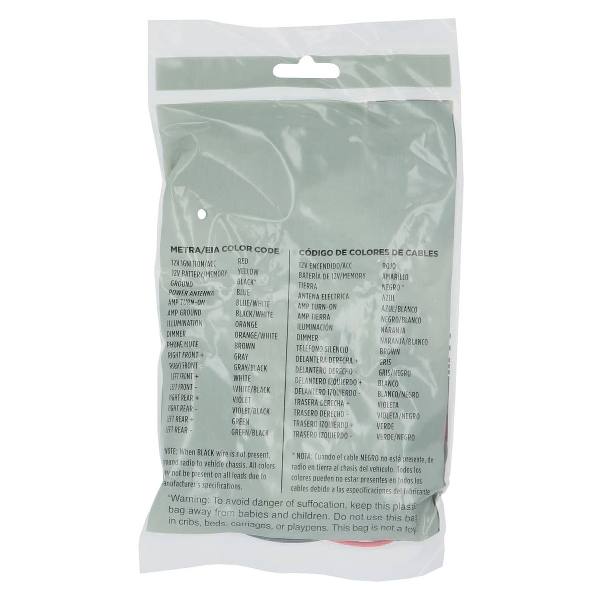 Metra wiring harness kit bag back with color-code table and warning icons