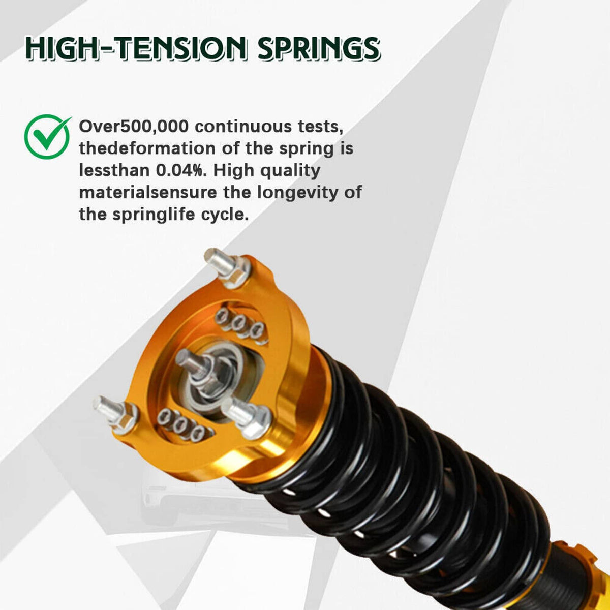 Coilover strut with gold top cap and black coil spring, showing mounting bolts and parts