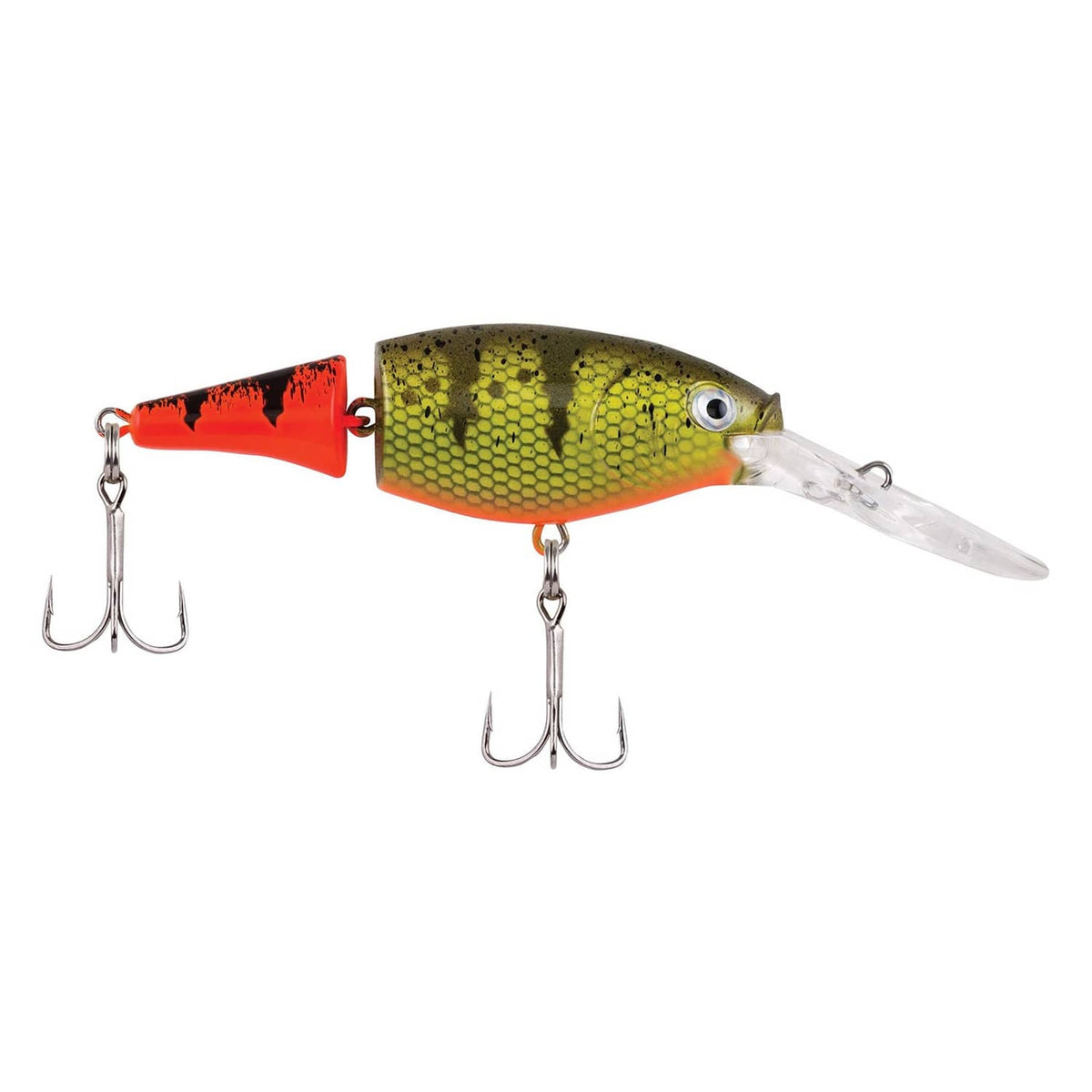 Green-yellow jointed crankbait lure with orange-red belly and red head, three treble hooks