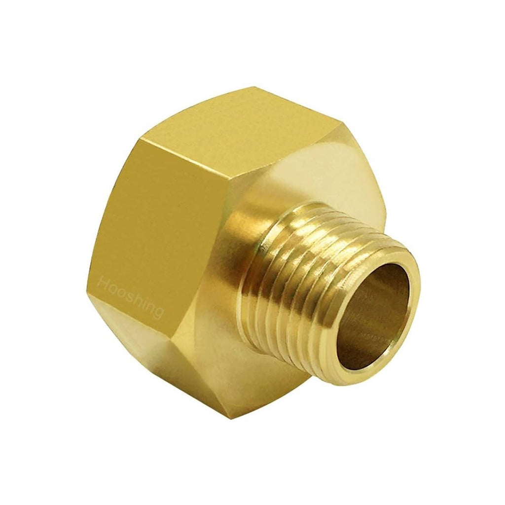 Brass garden hose adapter with hex base and threaded outlet end, close-up