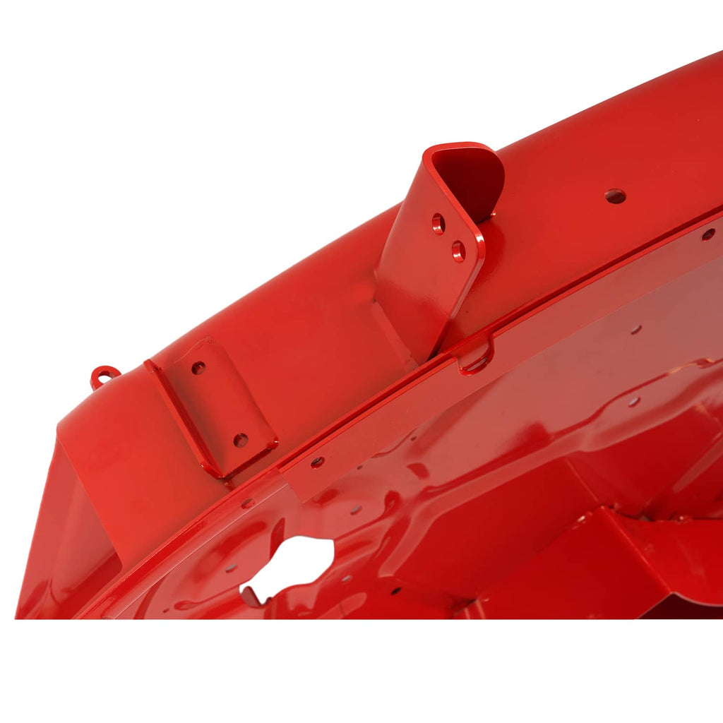 Red mower deck housing edge with metal support bar and mounting holes