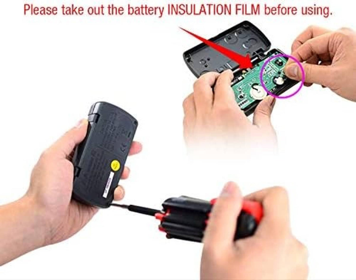 Hand removing battery insulation film from handheld digital multimeter using a screwdriver