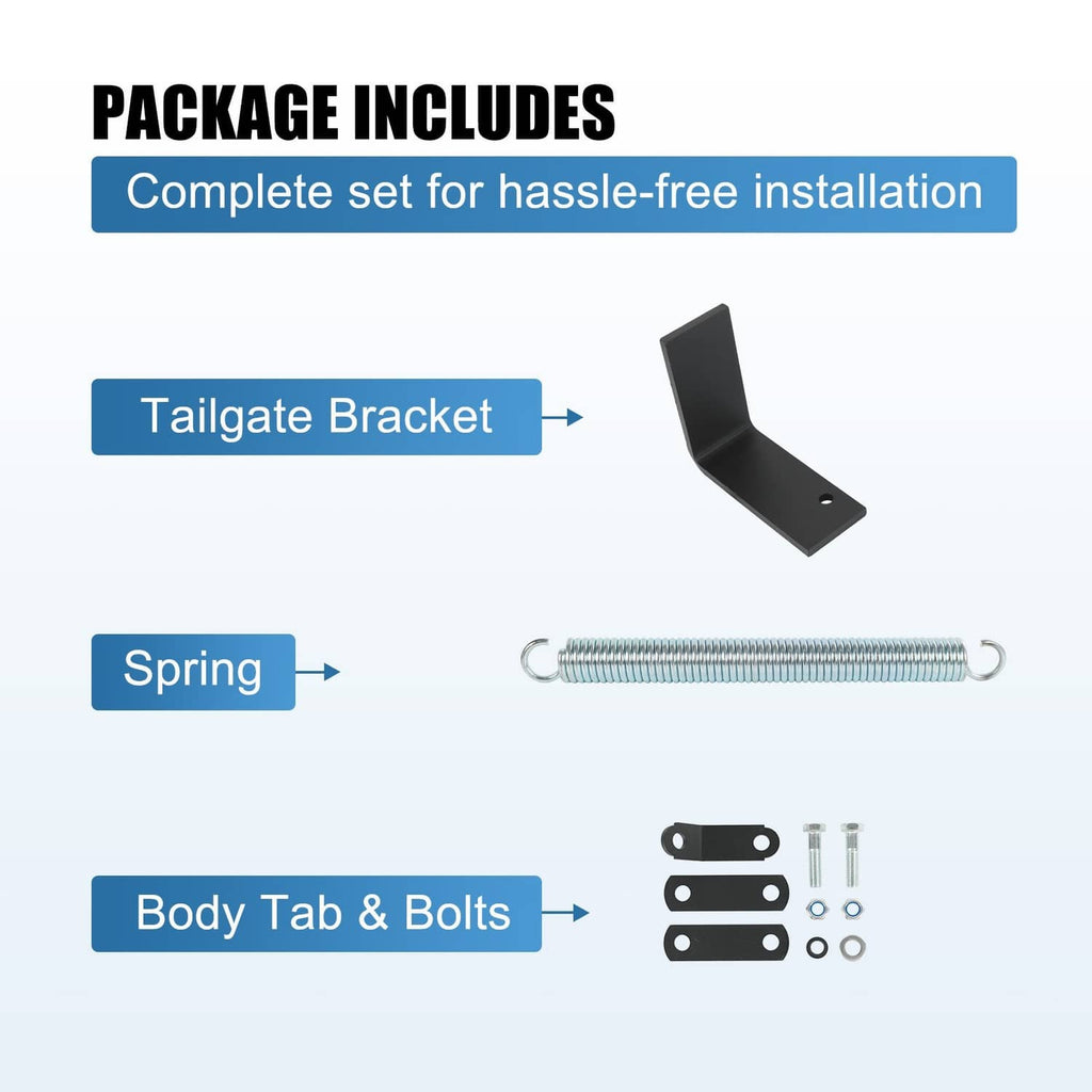Tailgate lift assist kit components: black bracket, spring, body tabs, bolts, washers