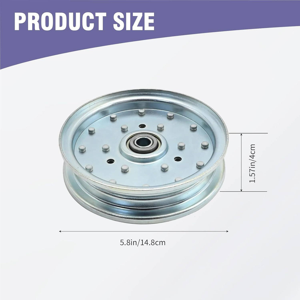Idler pulley wheel, 5.8 in diameter and 1.57 in width, central bearing and bolt holes