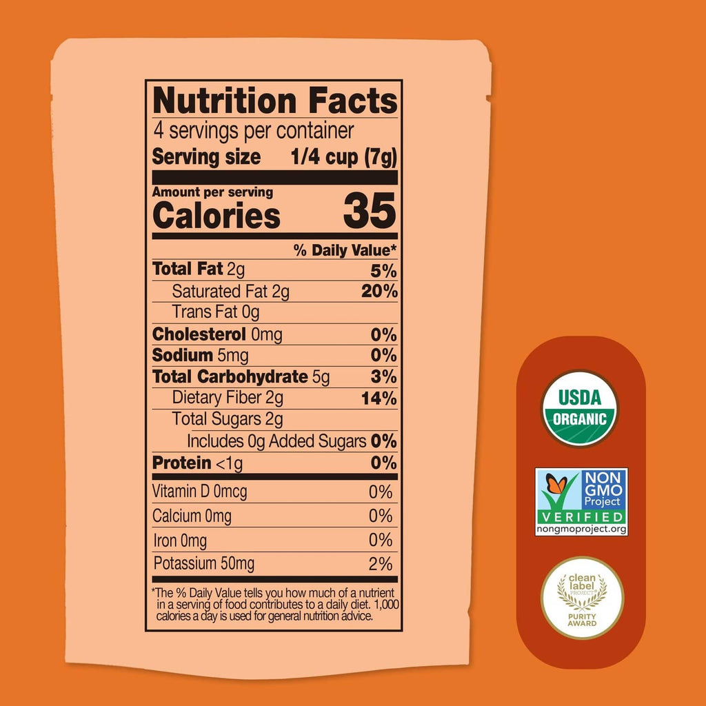 Organic coconut melts nutrition facts panel on the back of a pouch
