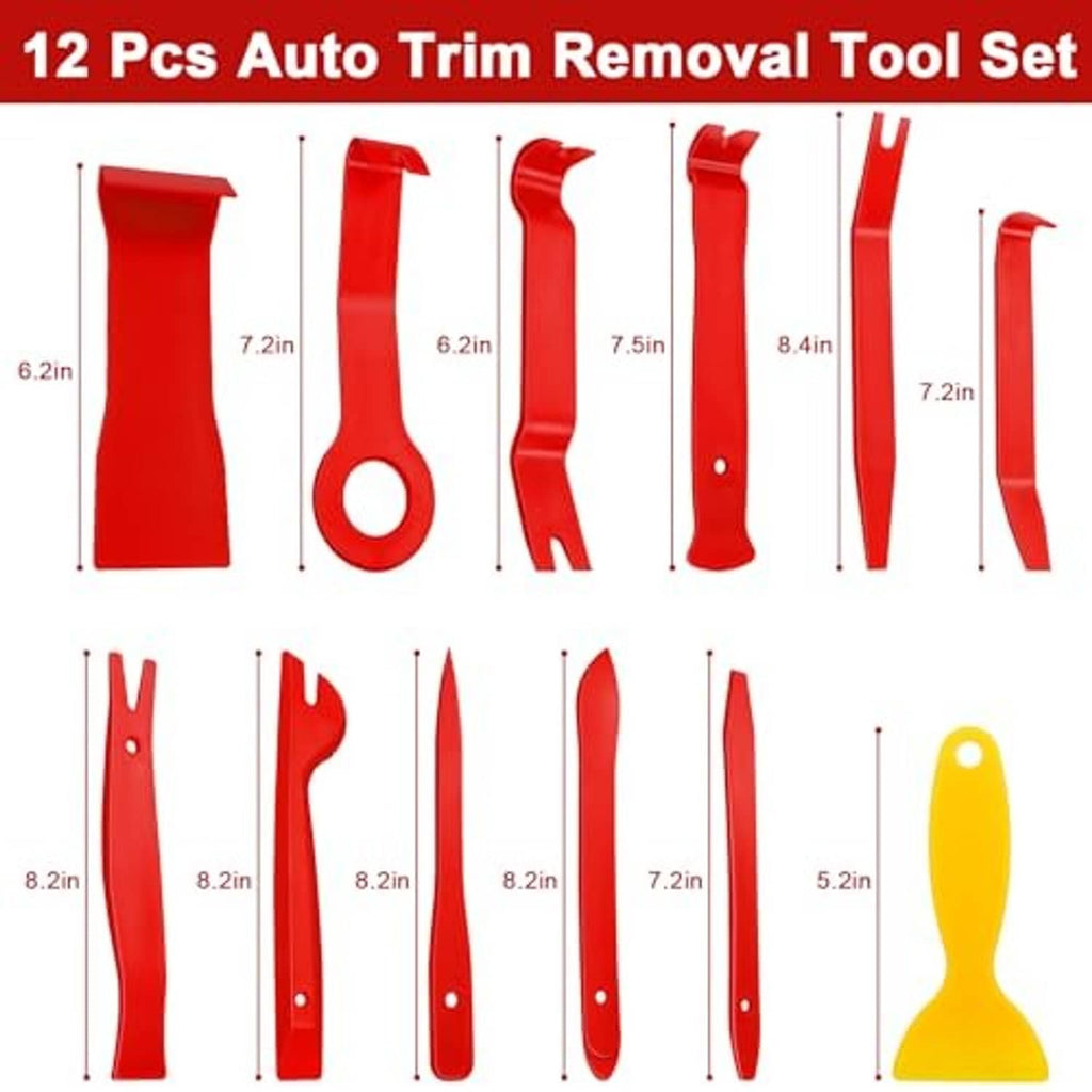 Red auto trim removal tools set with multiple pry and hook shapes