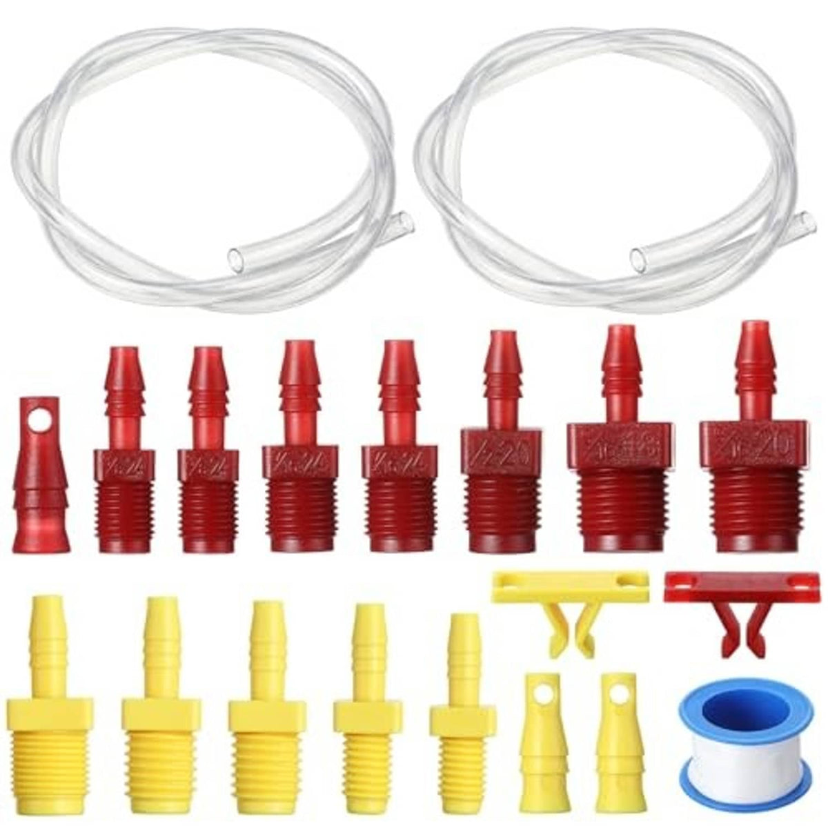Two clear bleeder hoses with assorted red and yellow fittings, hose clips, and PTFE tape reel