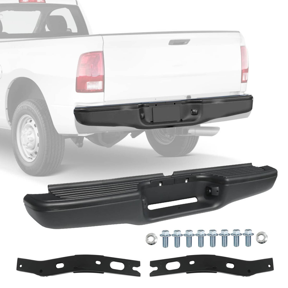 Black rear step bumper assembly with two mounting brackets and hardware bolts