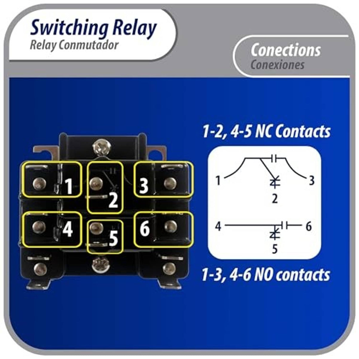Relay contact terminals diagram with numbered connection points for N.C. and N.O.