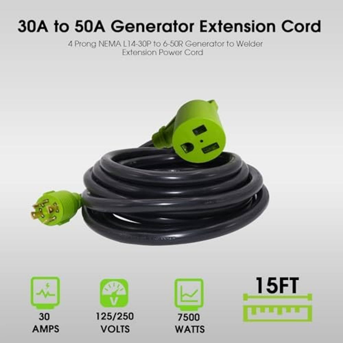 Coiled black adapter cord with green 4-prong twist-lock plug and matching green end