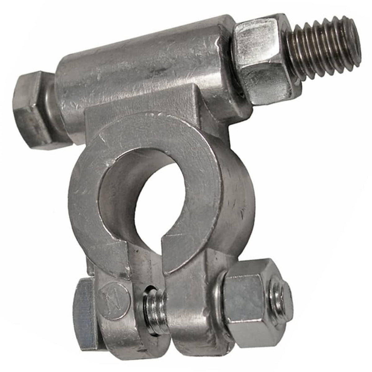 Metal battery terminal post clamp with tightening bolts