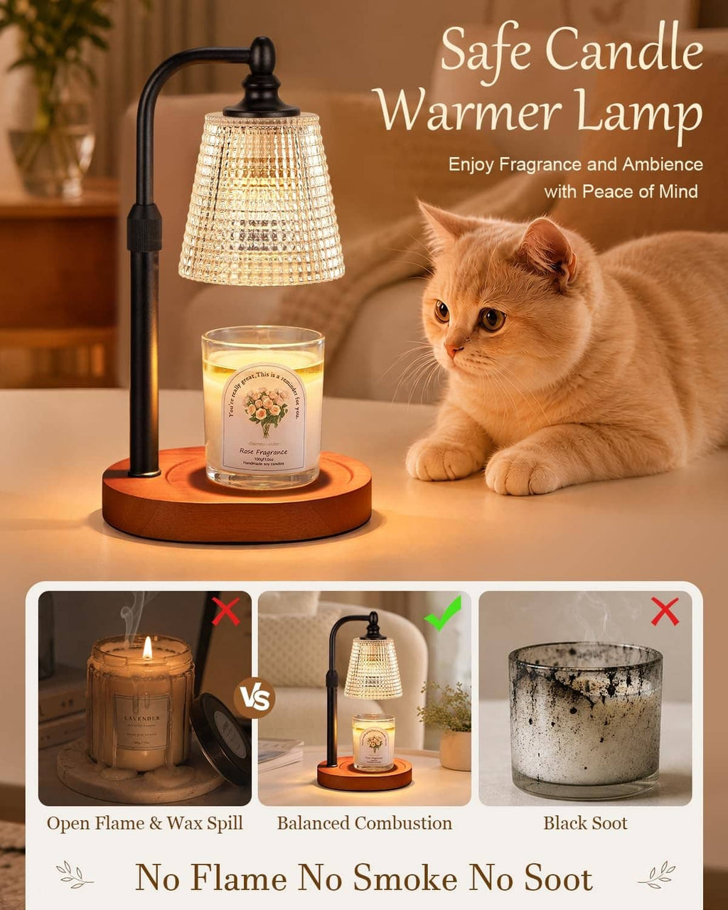 No-flame candle warmer lamp with black metal frame, lit jar candle on walnut base
